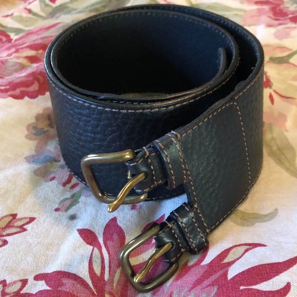 Vtg Y2K ANN TAYLOR LOFT Size Medium Dual Buckle Belt LEATHER Dual Buckle Brass - Picture 4 of 16